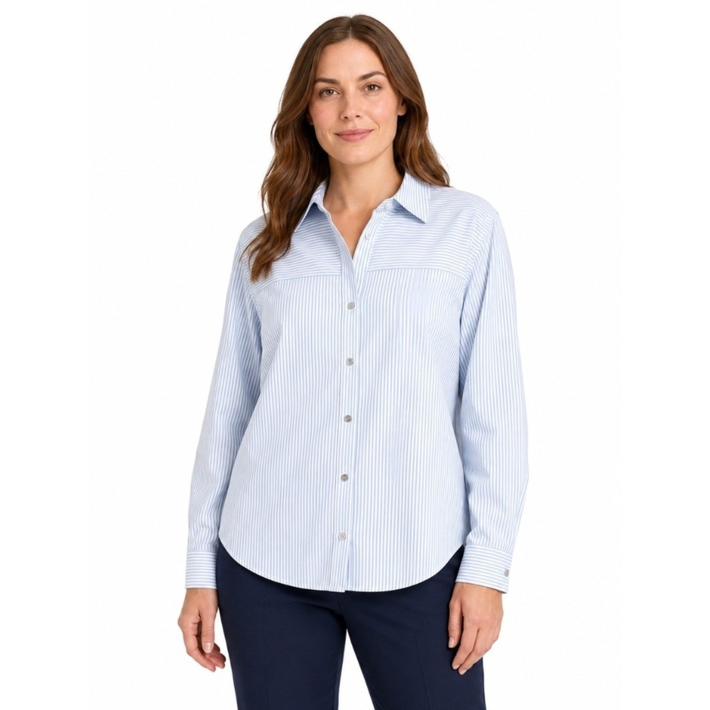 Michael Kors Womens XL Button Up Shirt Pastel Blue Striped Long Sleeve Blouse